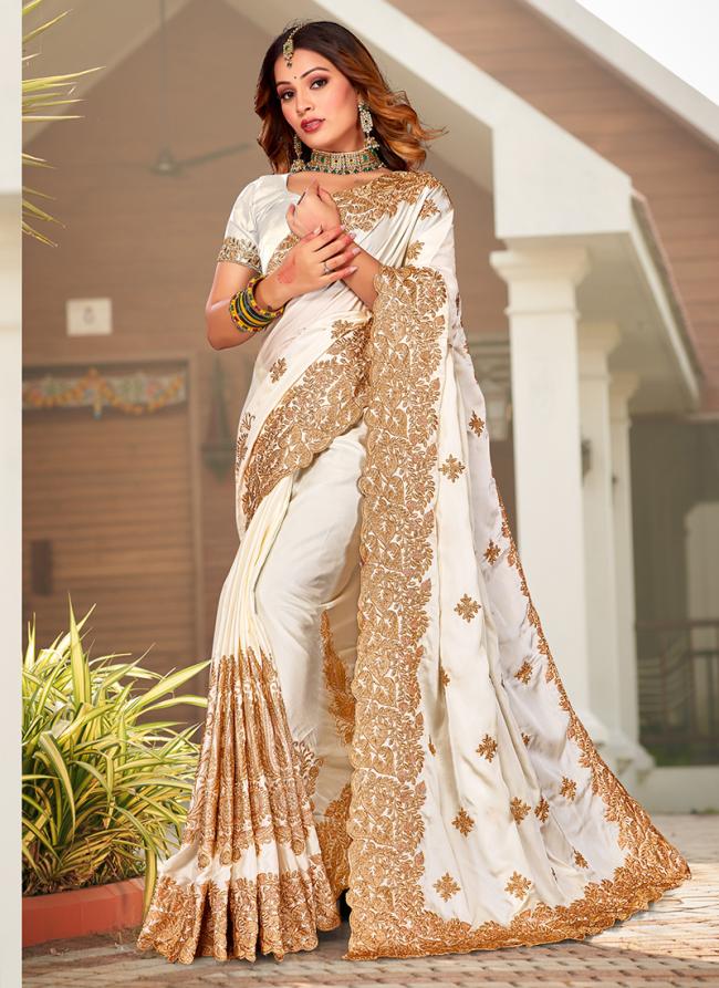 Pure Sattin Off White Wedding Wear Embroidery Work Saree